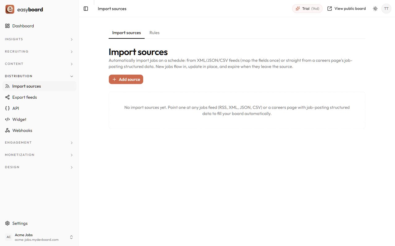 easyboard dashboard: automated job import sources with schedules and run history