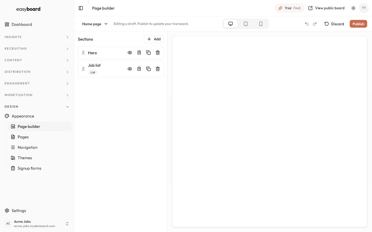 easyboard visual builder editing a job board page section by section