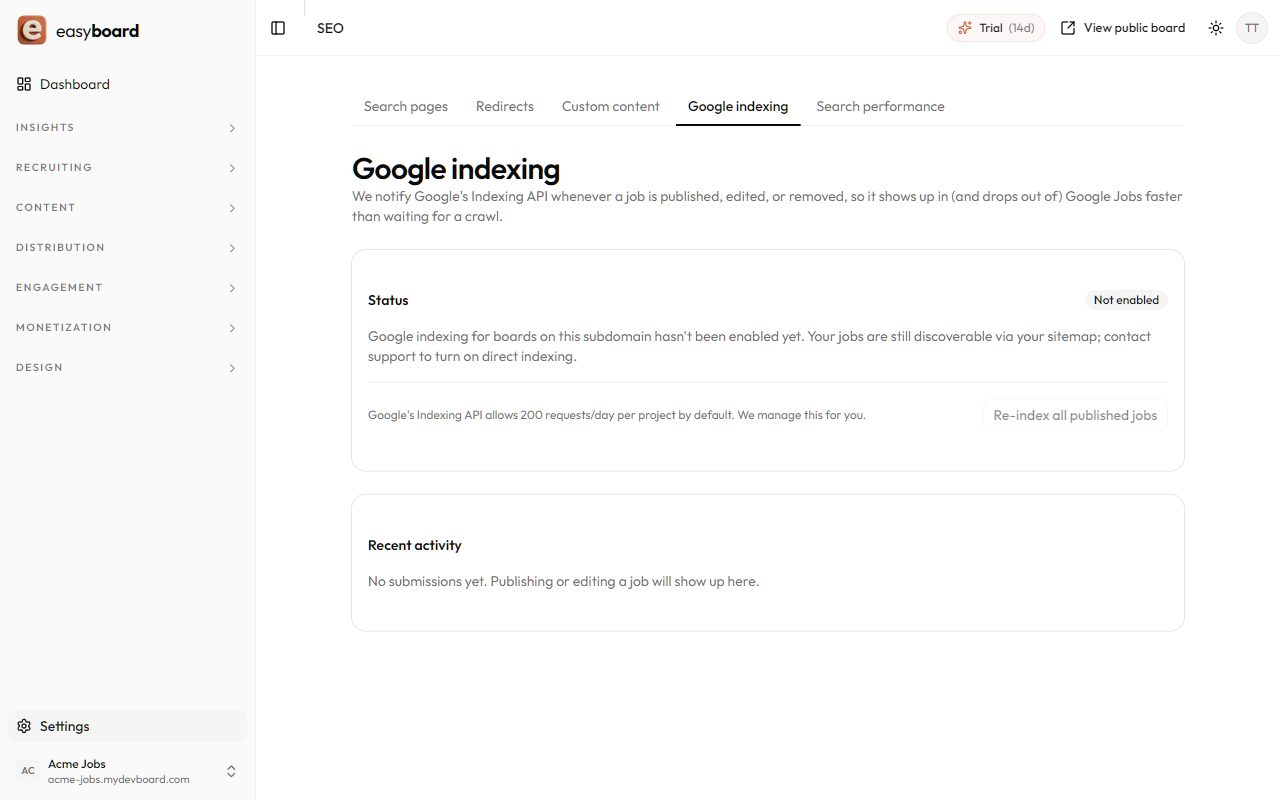 easyboard dashboard: Google Indexing API connection with automatic pings on publish and expiry