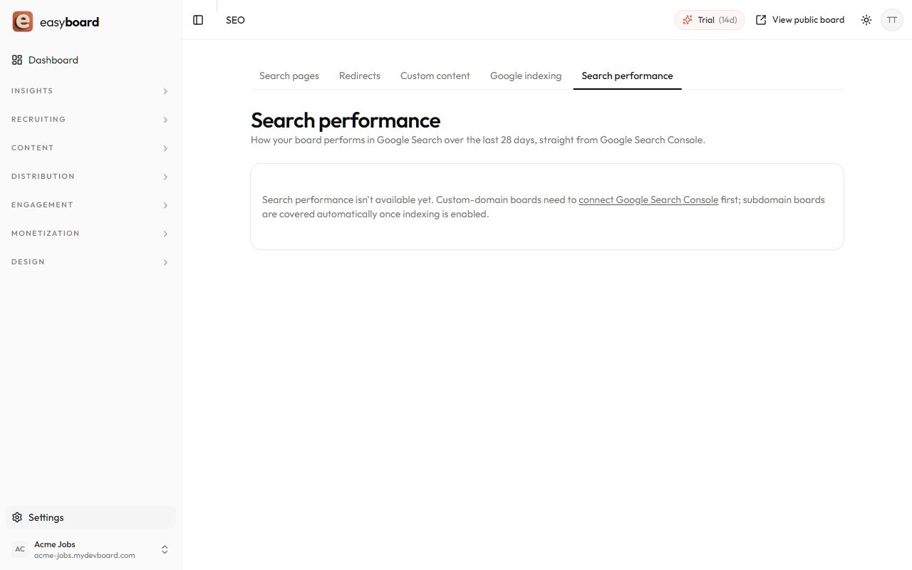 easyboard dashboard: SEO performance report with impressions and clicks per page
