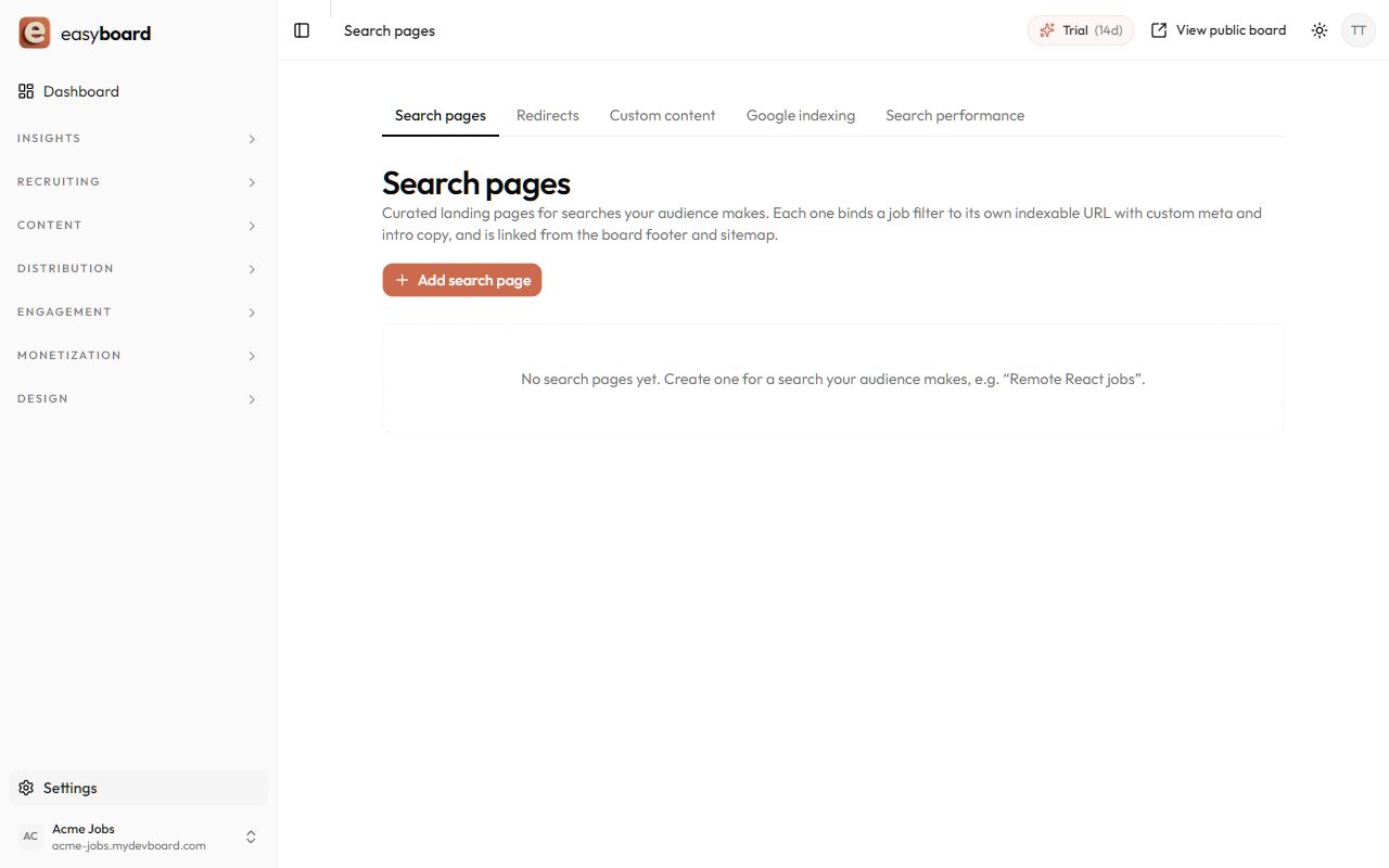 easyboard dashboard: curated SEO search pages for category and location combinations